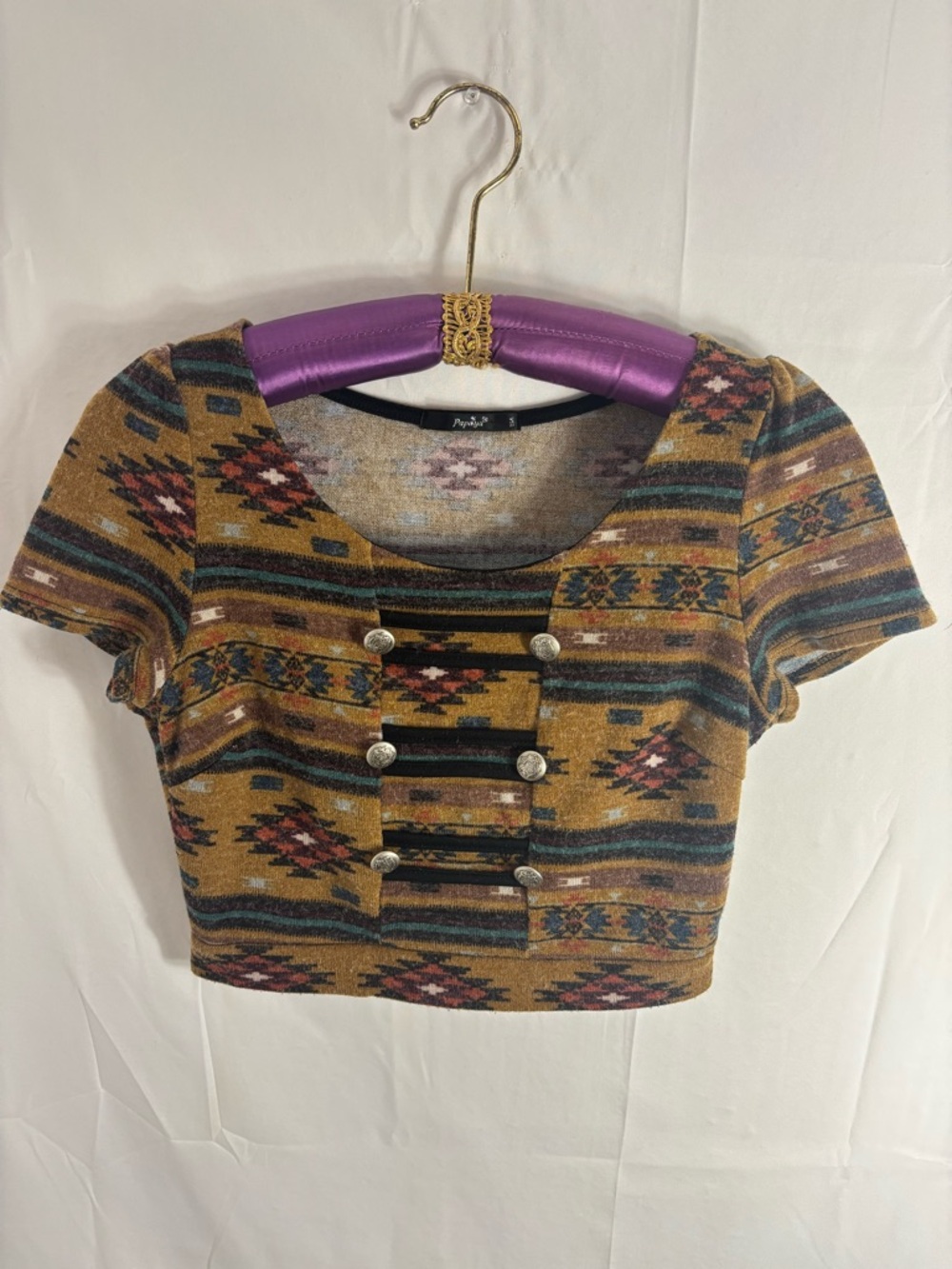 Y2K Brown Military Button‎ Western Southwest Print Boho Cowgirl Crop Top Size M